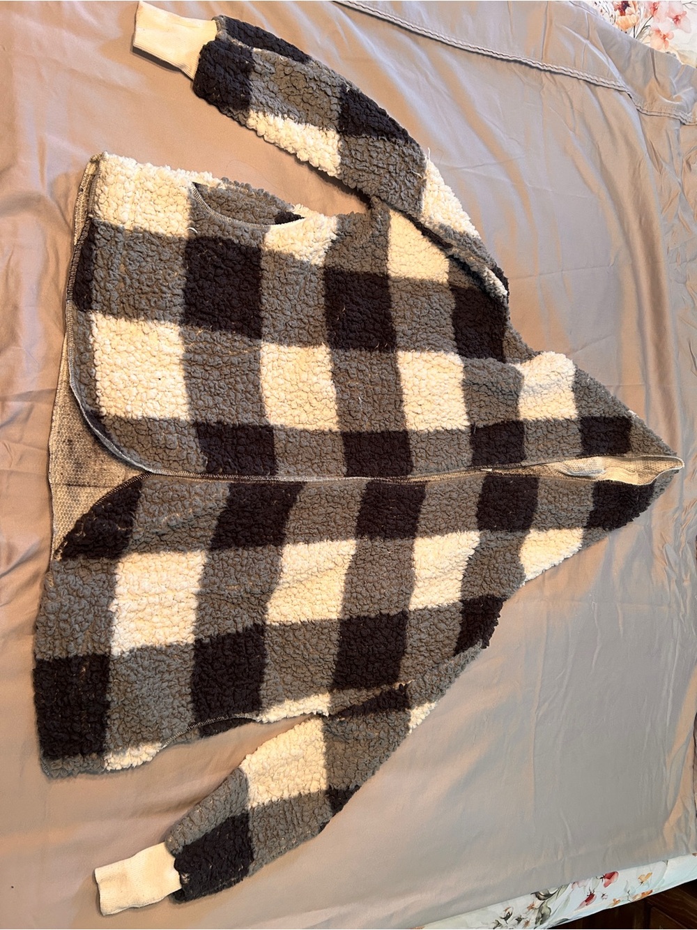 Cozy Women’s Sherpa Check Knit Sweater - Black, Gray & Cream